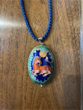 Unicorn Oval Pendant Cloisonné Necklace